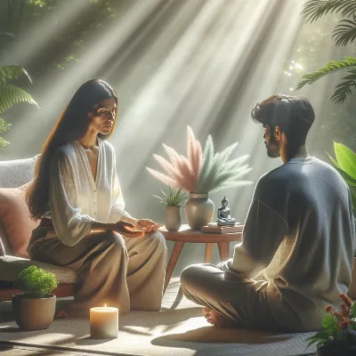 Photorealistic image of a holistic wellness consultation, tranquil natural setting, soft daylight, inviting atmosphere