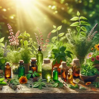 Array of fresh healing herbs and tinctures, displayed on a wooden table with a bright natural backdrop