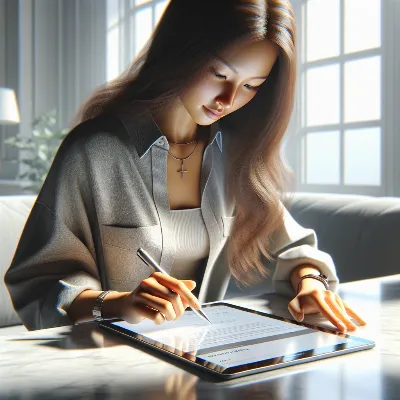 Photorealistic user submitting a wellness lead form on a tablet